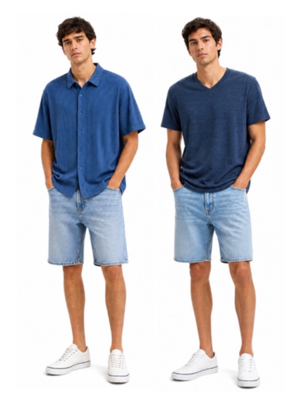 2 Piece Blue Short Sleeve Button-Up Shirt + V-Neck Tee Set - Capsize & Postiano